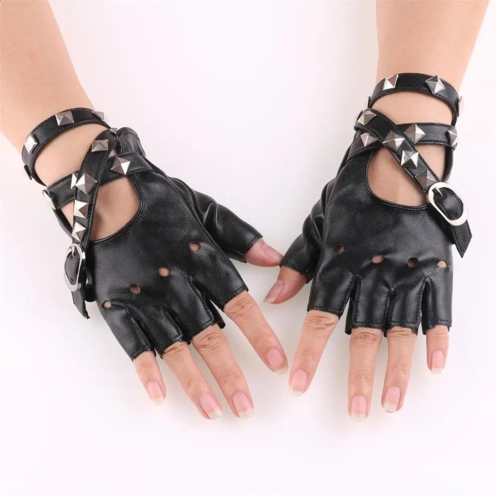 Unisex Fingerless Driving PU Leather Gloves Motor Cool Rivet Sexy Disco Dancing Rock and Roll Black Red White Punk Gloves260915