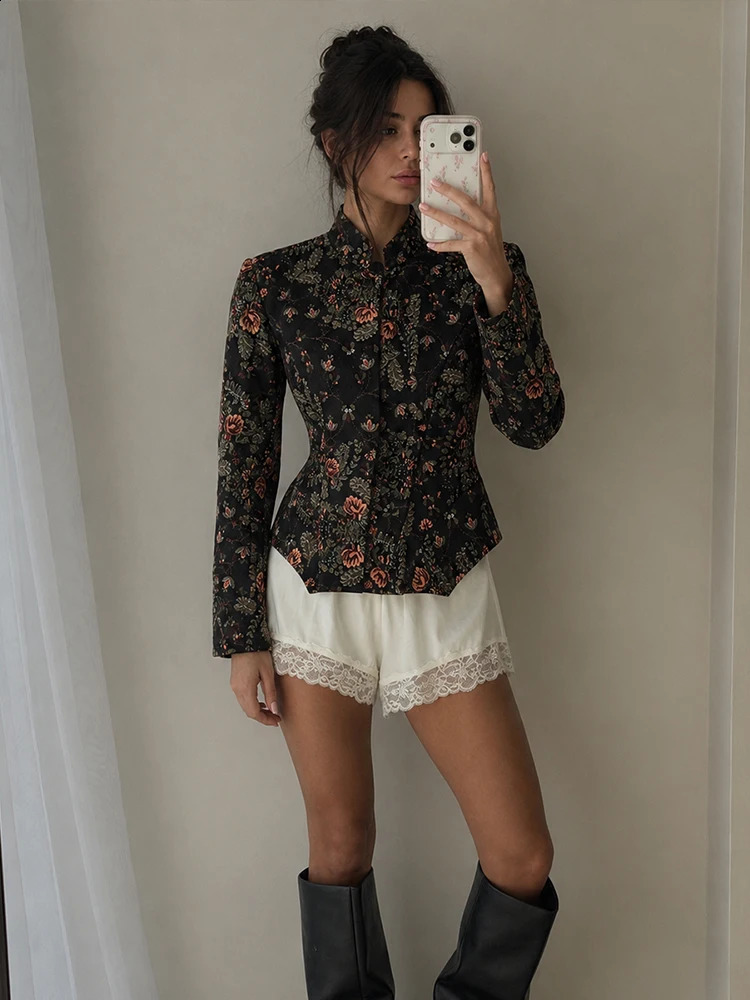 HH Elegant Women Floral Print StandCollar Cropped Jacket Vintage Autumn Female Long Sleeve Skirt Hem Slim Blazer Streetwear 260917
