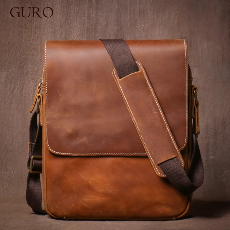 GURO Men's Genuine Leather Shoulder Bag Vintage Classic Flap Messenger Bags Higher Quality y Crossbody For 12 Inch IPad 260917