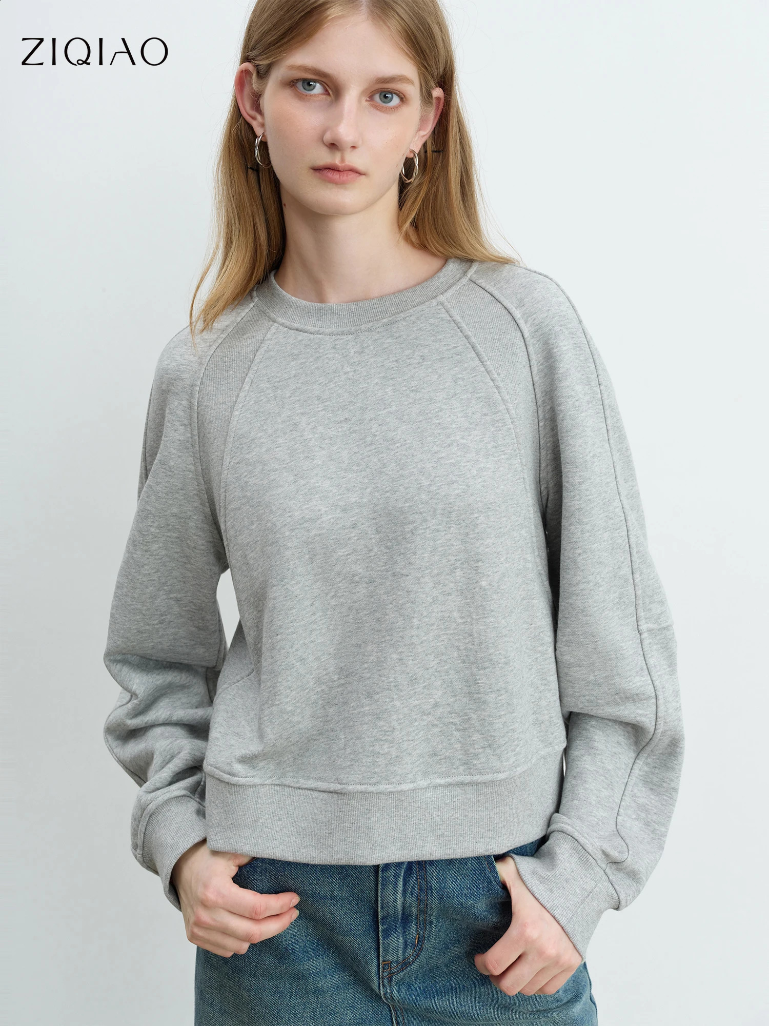ZIQIAO Petite Sense Structure Raglan Sleeve Pullover Sweatshirt For Women Autumn Round Neck Solid Color Top 25ZQ93075 260917