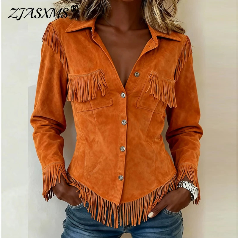 Retro Western Single Breaster Lapel Shirt Coat Woman Fashion Solid Suede Tassel Top Cardigan Autumn Long Sleeve Jacket Outerwear 260917