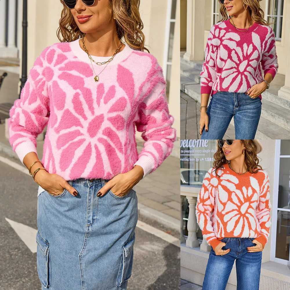 Knitted Pullovers Women Sweaters Floral Round Neck Full Sleeve Jumpers Y2k Streetwear Elegant Thick Knit Autumn Winter 2025 J260916