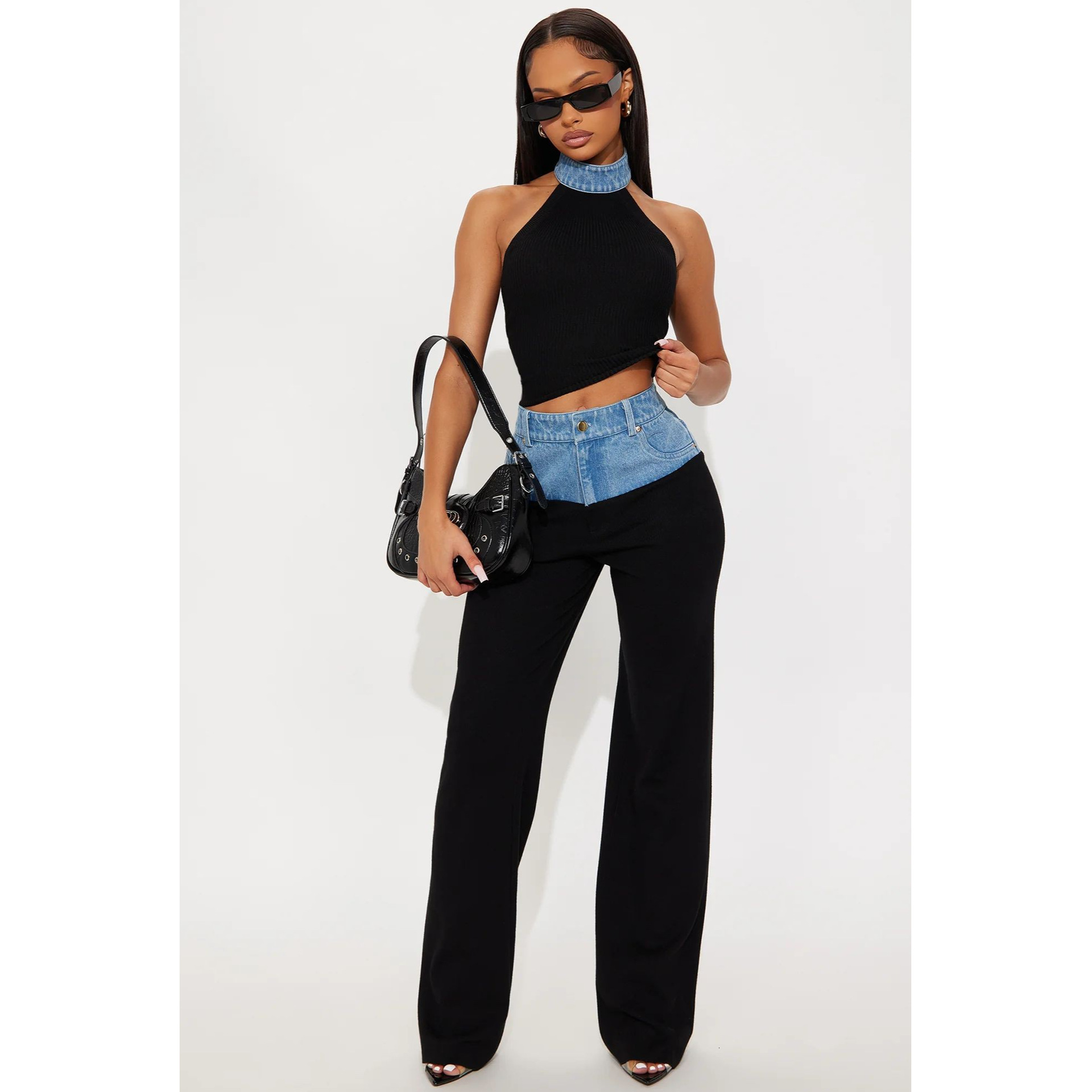 Cross-border 2025 women's jeans, color-blocked, high-waisted, versatile, casual, loose-fit, straight-leg, long pants, European and American sty