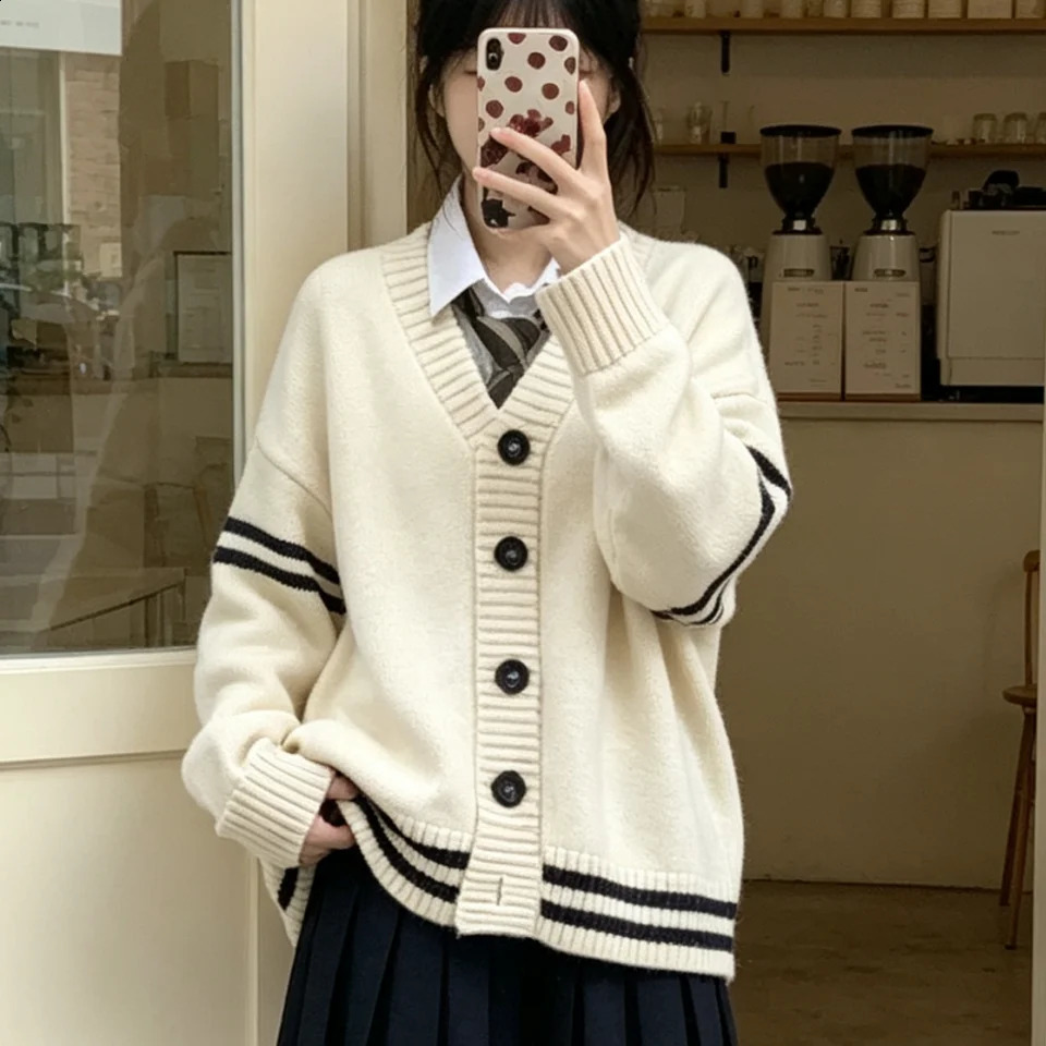 Casual Preppy Style Cardigan Vneck Sweater Singlebreasted Stripe Loose Y2k Tops 2026 Autumn Winter Chic Women's Knitted Coats 260917