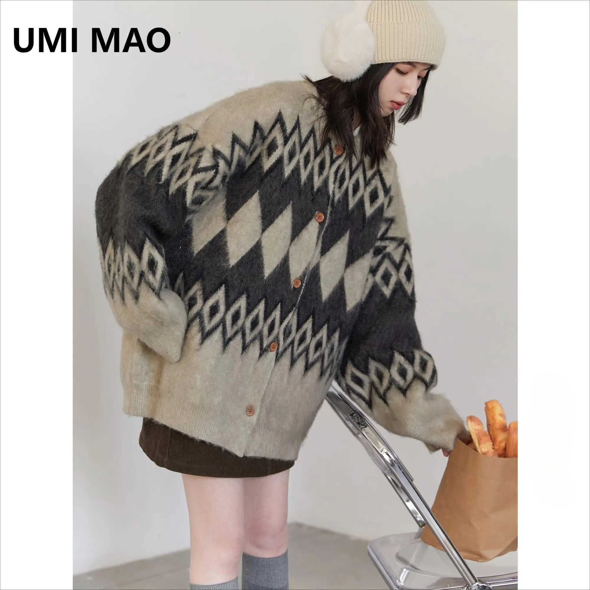 UMI MAO 100% Cotton Fashion Women Knit Cardigan Thick Warm Loose Casual Retro Argyle Female Sweater Ladies Jacket Spring Autumn S260917X9F7