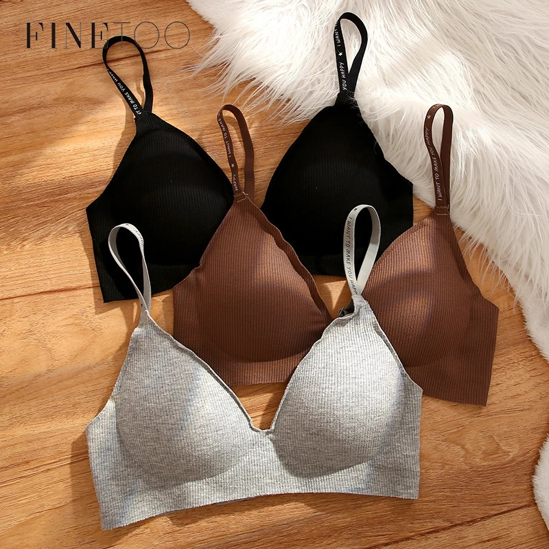 FINETOO Women Wireless Bra Deep V Padded Bralette S-XL Trendy Stripe Knitting Bras Sexy Ladies Brassiere Solid Underwear 6 Color 260917