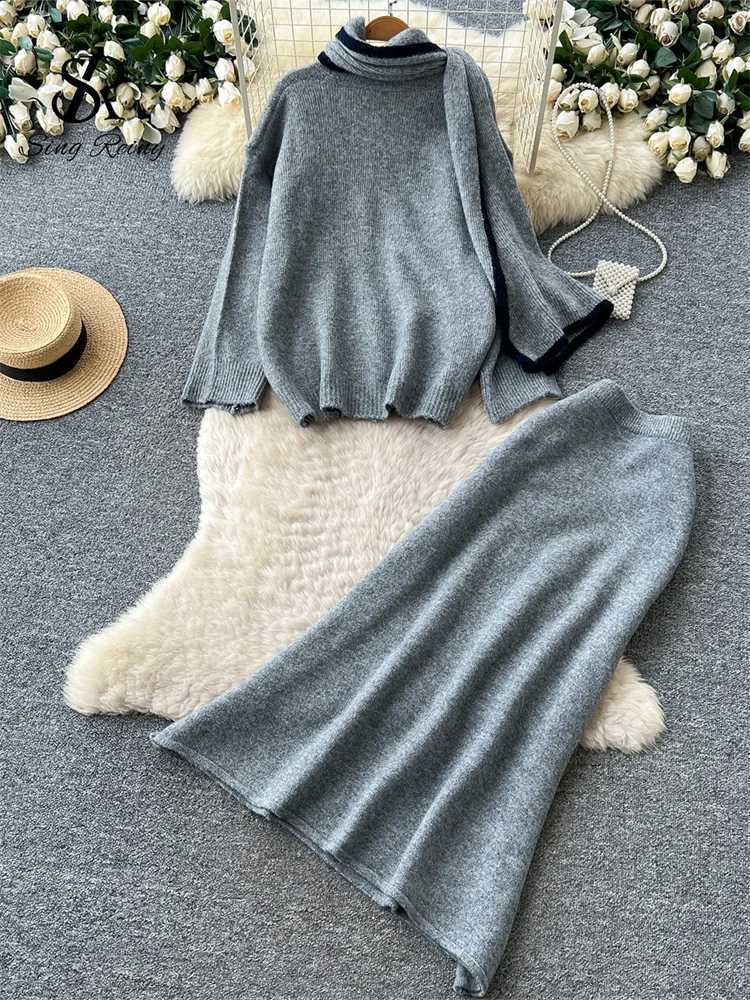 Female Fashion Knit Sets SINGREINY Korean Style V Neck Cardigan+Scarf+A-line Long Skirt 2026 Winter Autumn Senior Cozy 3Pcs SetsW260915