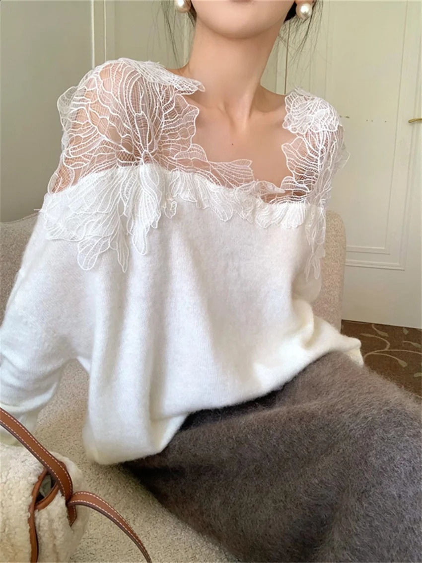Alien Kitty Elegant Lace Patchwork Knitted Sweaters Women Chic Lady Spring Office Wear Pullovers Daily Loose Slim Casual 260917
