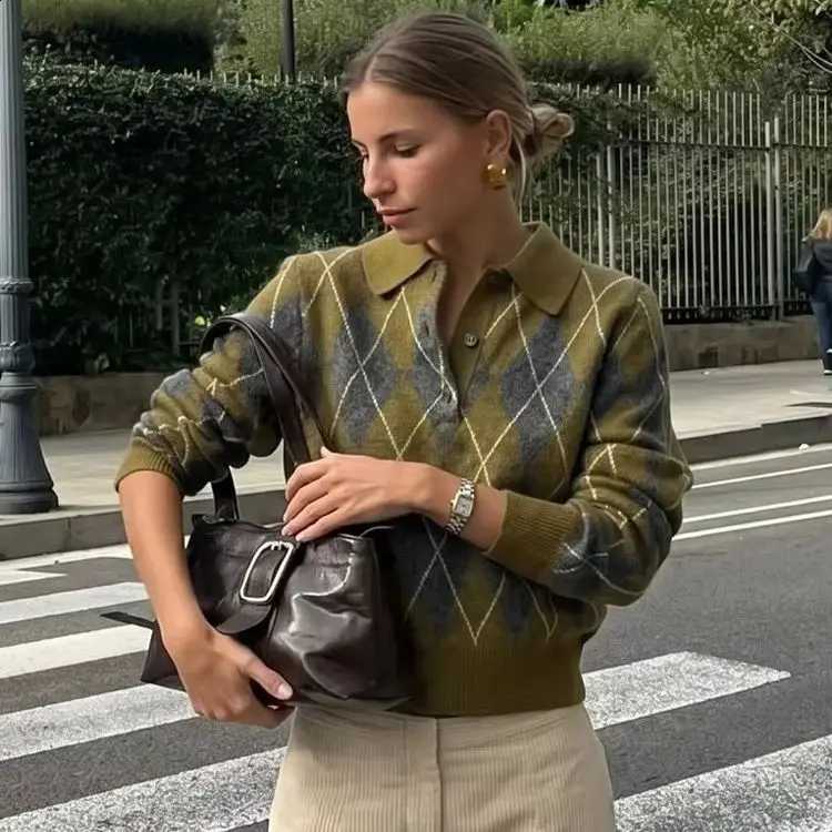 Sweater Knitted Women Argyle Autumn Winter Female Long SLeeve Buttons Pullover Lady Winter Warm Casual Sweater Tops J260916