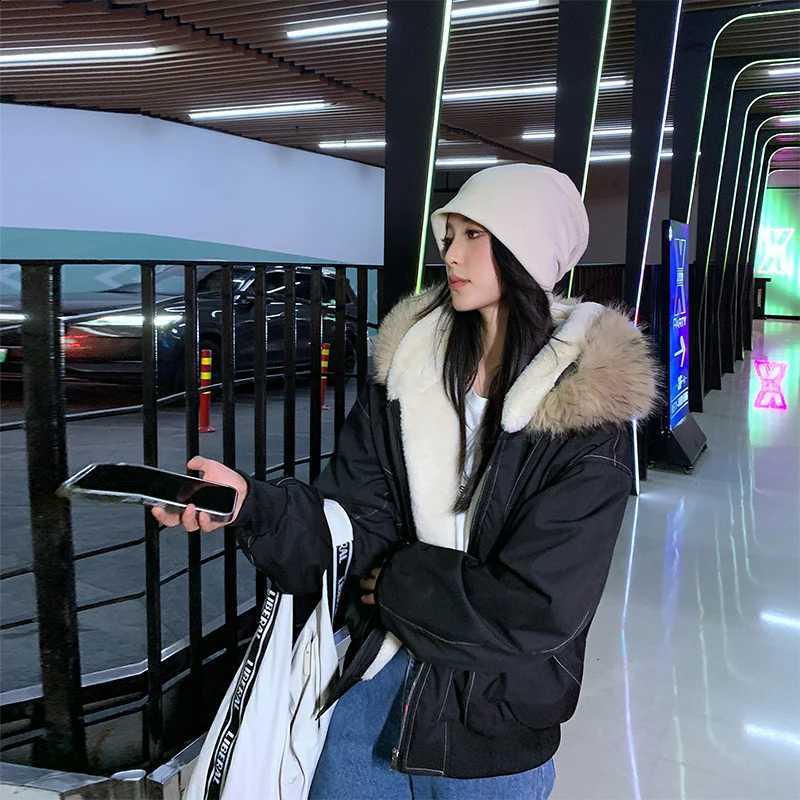 American Hip Hop Faux Fur Collar Winter Jacket Women Y2K Down Cotton Hooded Jacket Loose Vintage Motorcycle Cotton-Padded Coat H260917