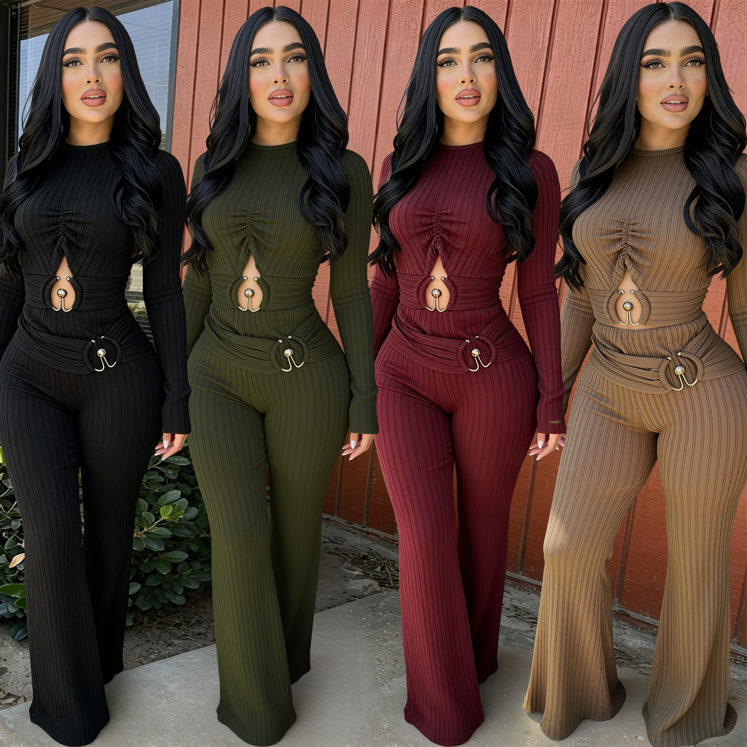 Cross-border new women's clothing: ribbed, hollow-out, long-sleeved, high-waisted, flared, wide-leg, casual, and work-appropriate jumpsuit