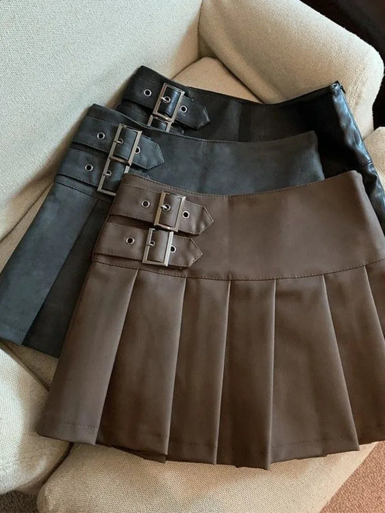 S3XL Y2K Pu Leather Mini Skirts Women Streetwear High Waist Pleated Skirt Vintage Korean Black Slim Casual A Line 260917