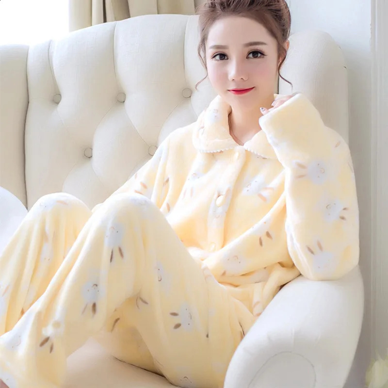 Women's Autumn and Winter Warm Pyjamas Homewear Suit Coral Velvet Pajamas Girls Padded Thickened Sweet Flannel Homewear 260916