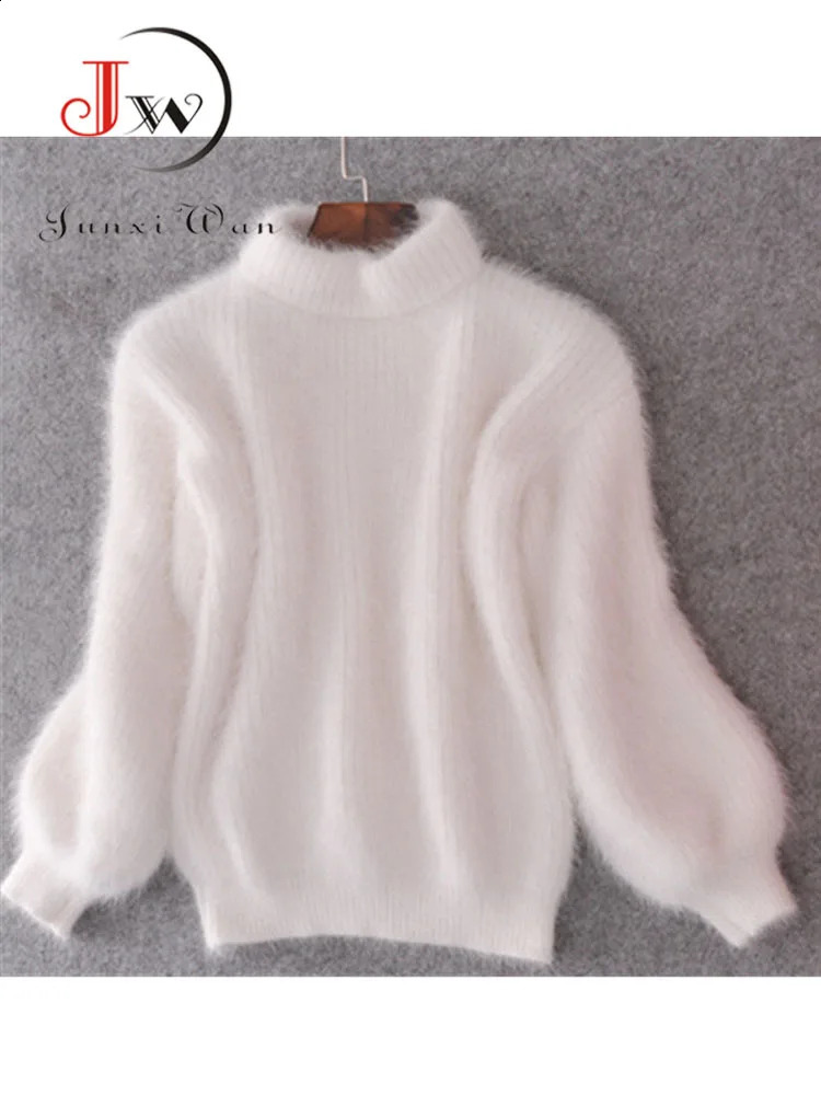 White Mohair Thicken Turtleneck Sweater Autumn Winter Sweet Fashion Lantern Sleeve Casual Solid Color Pullover Pull Femme 260917