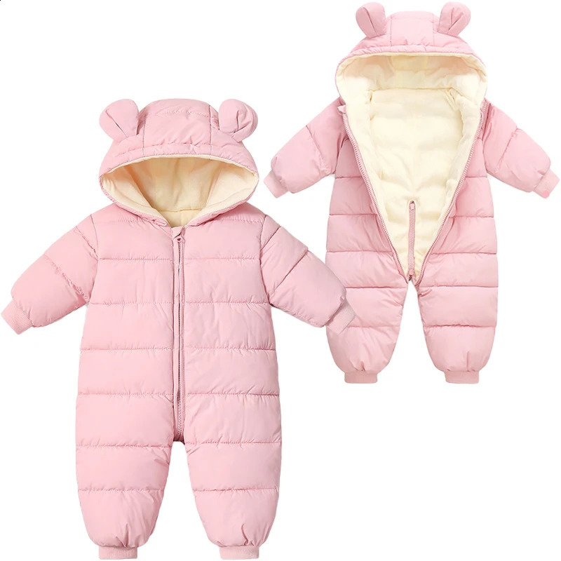 Baby Jumpsuit Autumn Winter Children Solid Color Zipper Hooded Coat Infant Plush Thick Warm Windproof Down Cotton Romper 260915