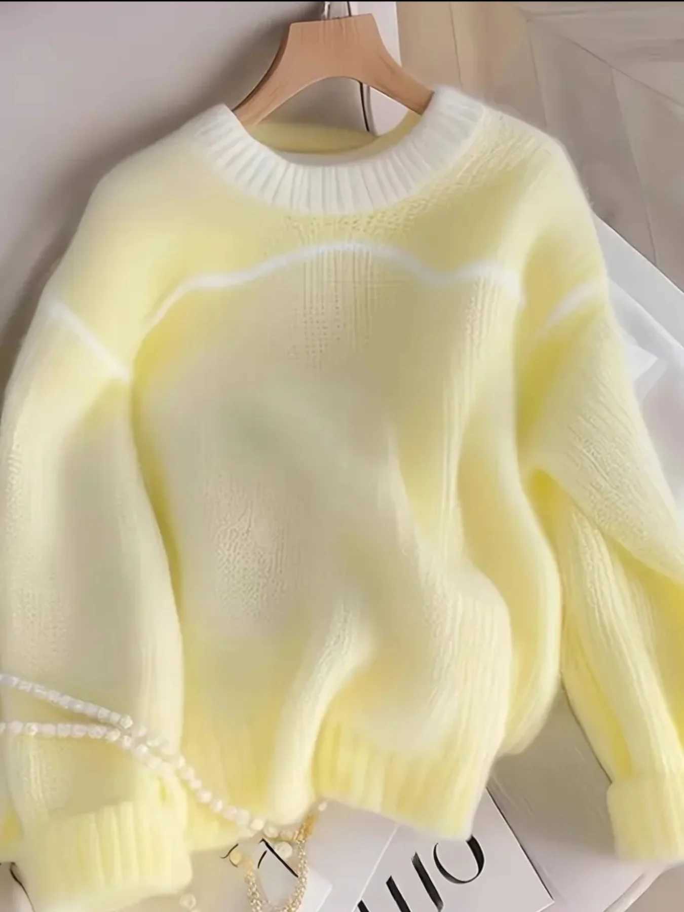 Ladies Simple Contrast Color Pullover Long Sleeve Sweater Fashion Women's Tops-Hot Wool Soft Knit Long Sleeve Beautiful Ladies W X260916