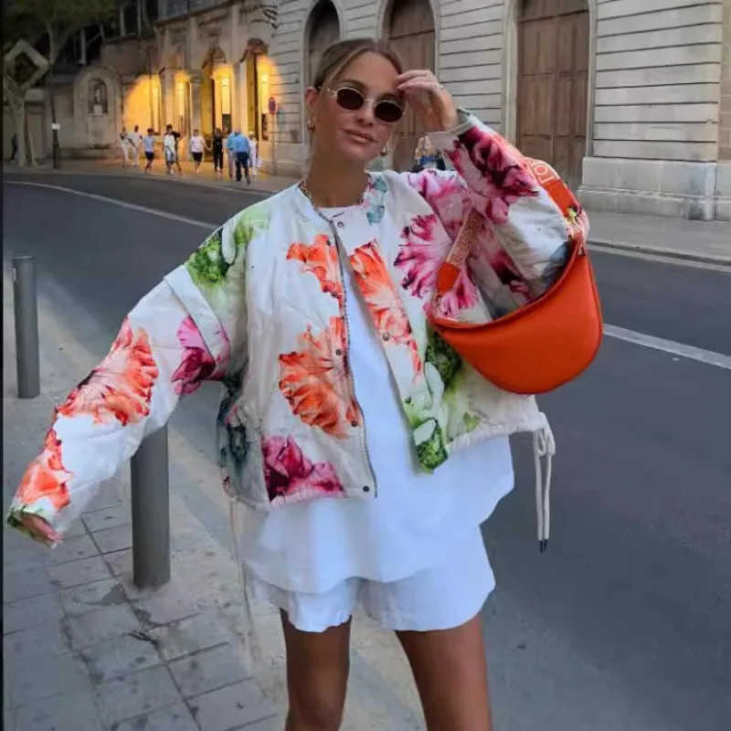 Single Women Parkas New Fashion Breasted Long Sleeved Retro Loose Casual Round Neck and Flower Printed Drawstring Cotton Jacket H260917