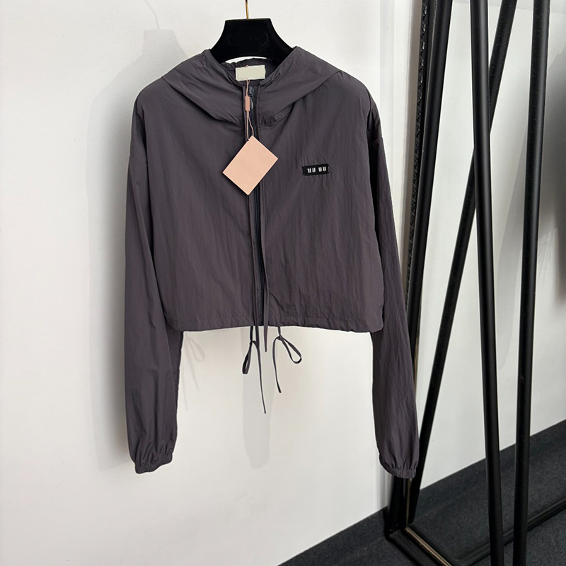 Brand Women Nylon Sun Protection Jacket Drawstring Hem Cropped Zipper Coats Hooded Outdoor Jogging Beach Lightweight Jackets