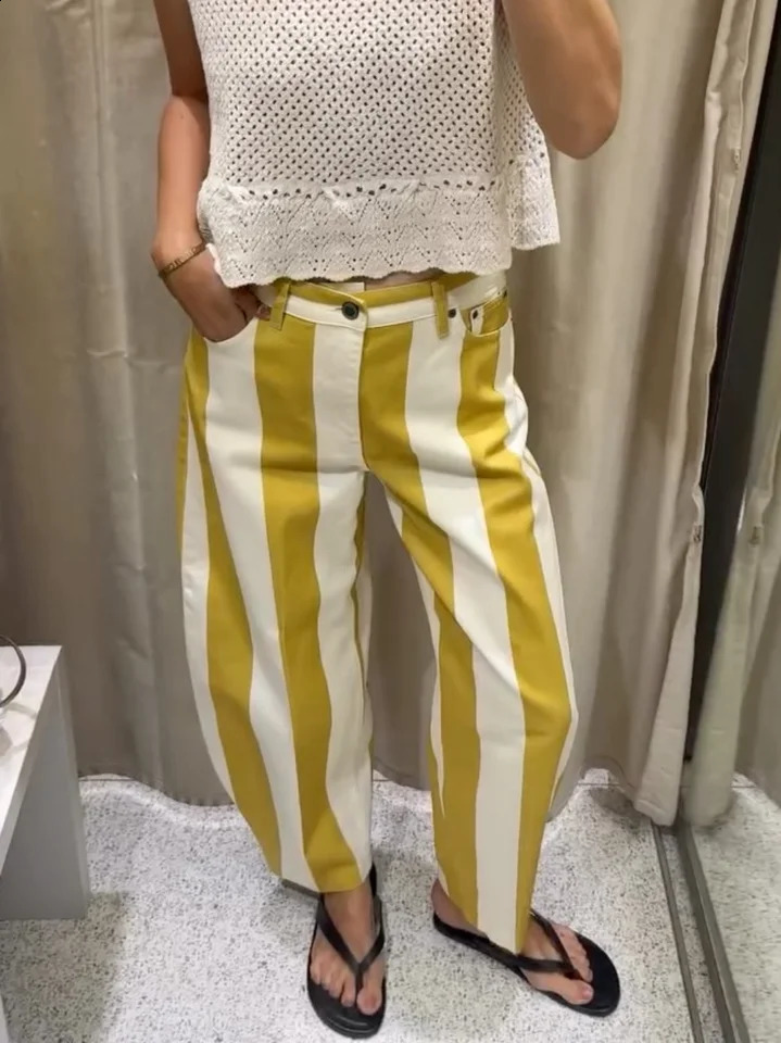 Women Summer Yellow White Vertical Striped Jeans High Waist Casual Loose Straight Denim Pants Button Fly Vintage Chic Bottoms 260916