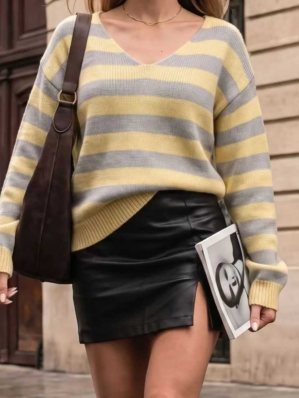 Loose Fit V-Neck Striped Sweater Color Block Shoulder Slve Long Slve Crew Neck Knitwear Casual Summer Fashion Women's Top S2609177TBF