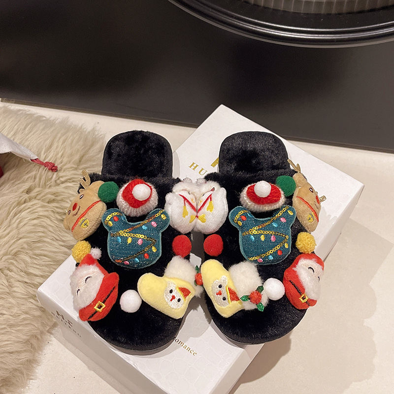 2026 Christmas Cartoon Doll Closed Toe Slippers Autumn Winter New Christmas Elements Indoor Warm Anti Slip Plush Cotton Slippers