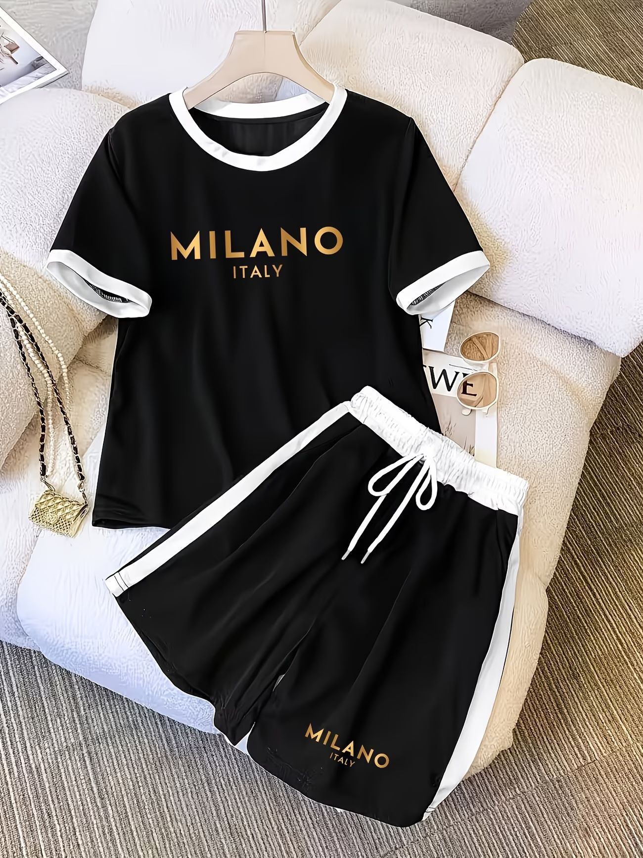Designer Two-tone short-sleeve shorts set with letter print T-shirt for women, summer Korean style slim-fit round-neck slimming outfit 8010 print
