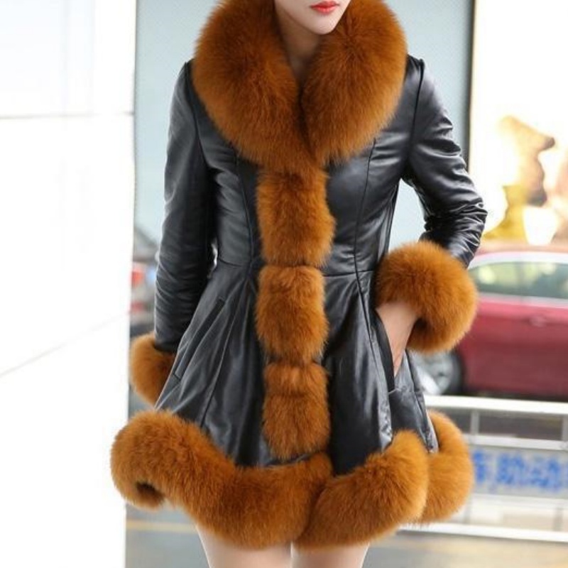 Women Mid Length Winter Coat Oversized Fluffy Wrap Collar Matching Cuff Hem Trim Fitted Waist A Line Flared Skirt Shape Main Body Warm Feminine Oute