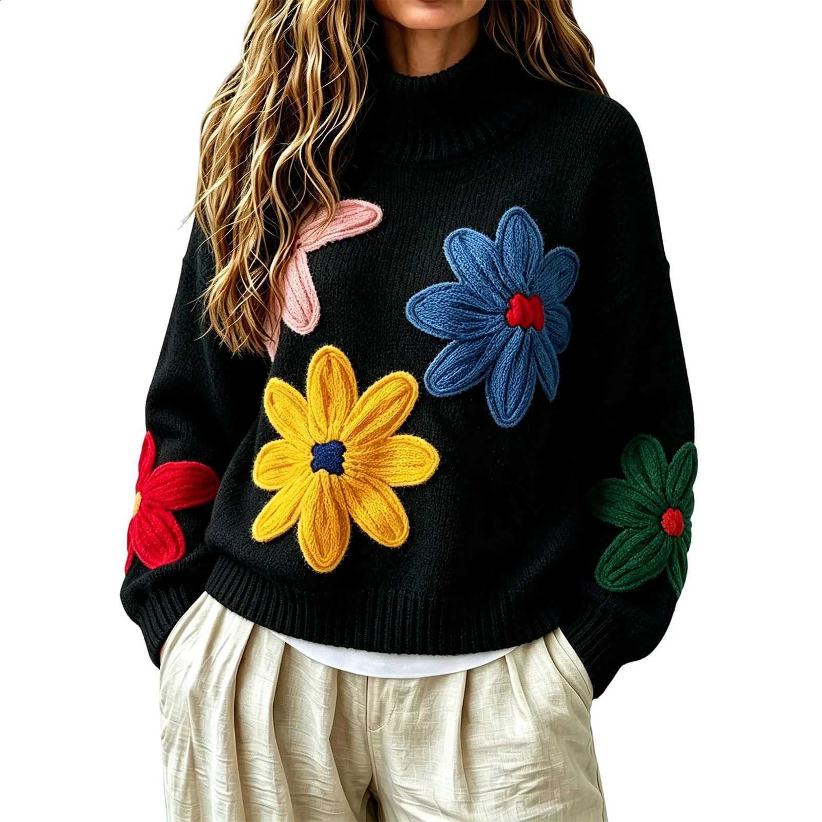 Floral Embroidery Sweaters Women Autumn Winter Turtleneck Loose Knitted Pullover Warm Knit Top Sweater For Daily Streetwear J260916