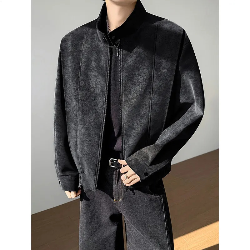 2026 Spring Tie Dye Soft Leather Jacket Men Loose Social Streetwear Leather Jackets Standing Collar Bomber Motorcycle Jacket 260917