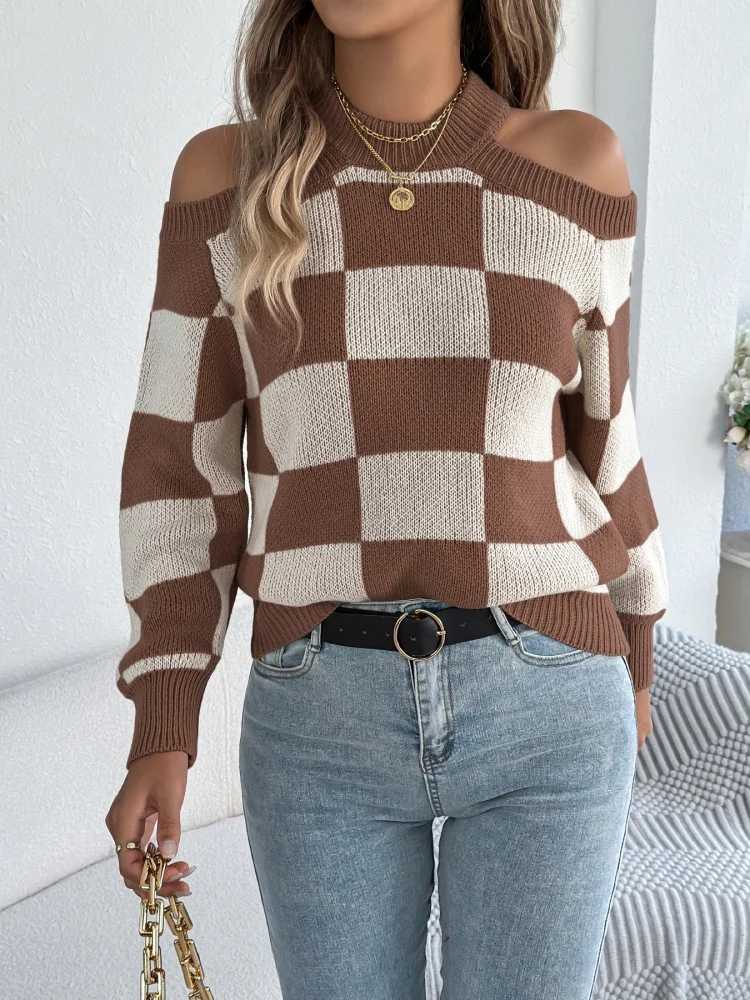 Autumn Winter Shoulder Bared Long Slve Sweater Women Fashion Casual Color Blocked Pullover Sweaters Comfort Semi High Neck Top S26091731DU