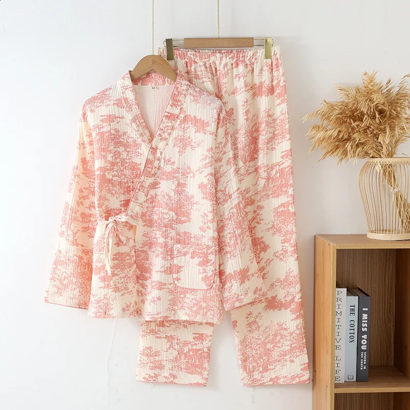 National Style Sleepwear Clothes for Women's Four Season Thin Cotton Long Sleeved Long Pants Kimono Robes Home Pajama Suit 260917