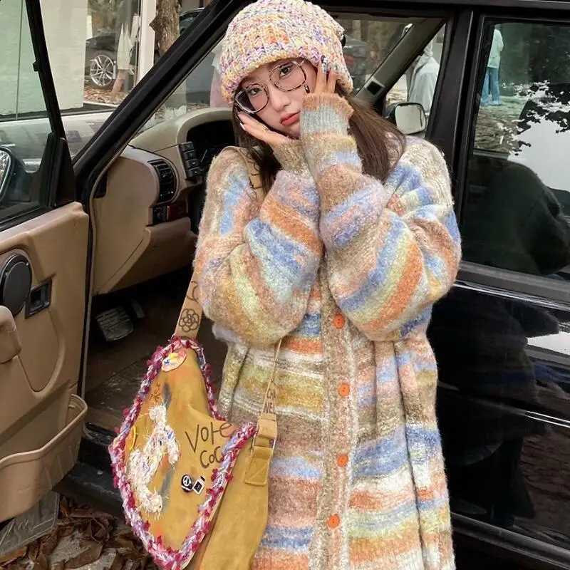 Women Autumn Winter New Fashion Soft Loose Casual Versatile Rainbow Sweater Tops Trendy Lazy Style Thick Knitted Cardigan Tops J260916