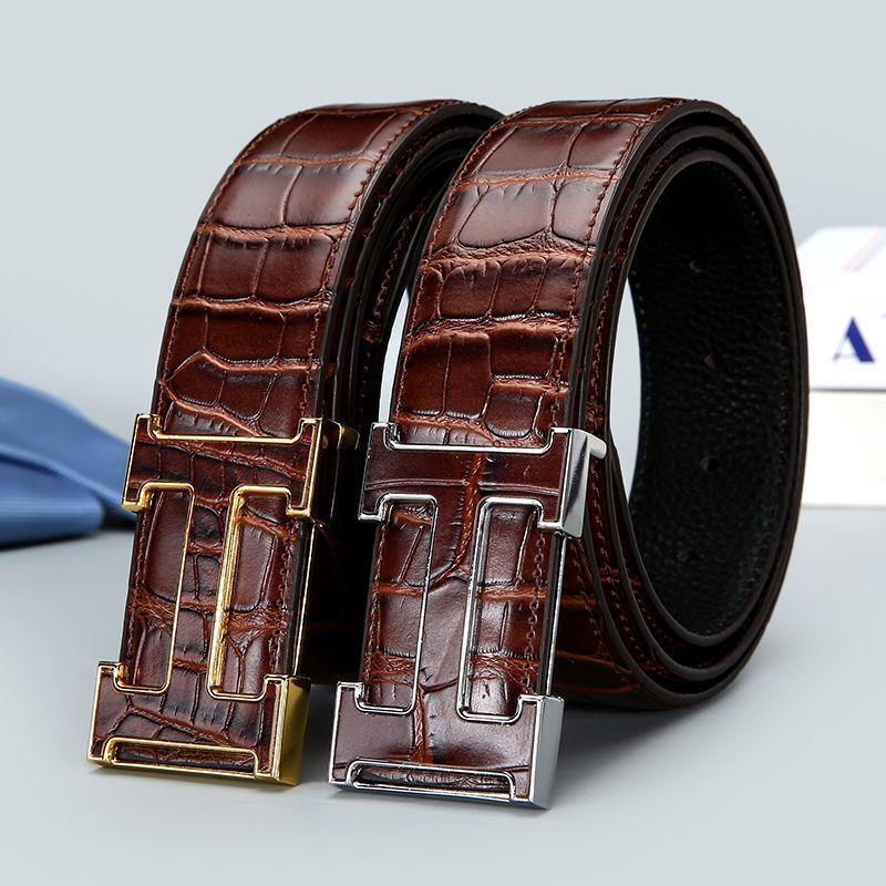 Men's leather belt crocodile-patterned letter made of top-grain cowhide, 3.8cm wide, with a smooth buckle, suitable for business casual wear
