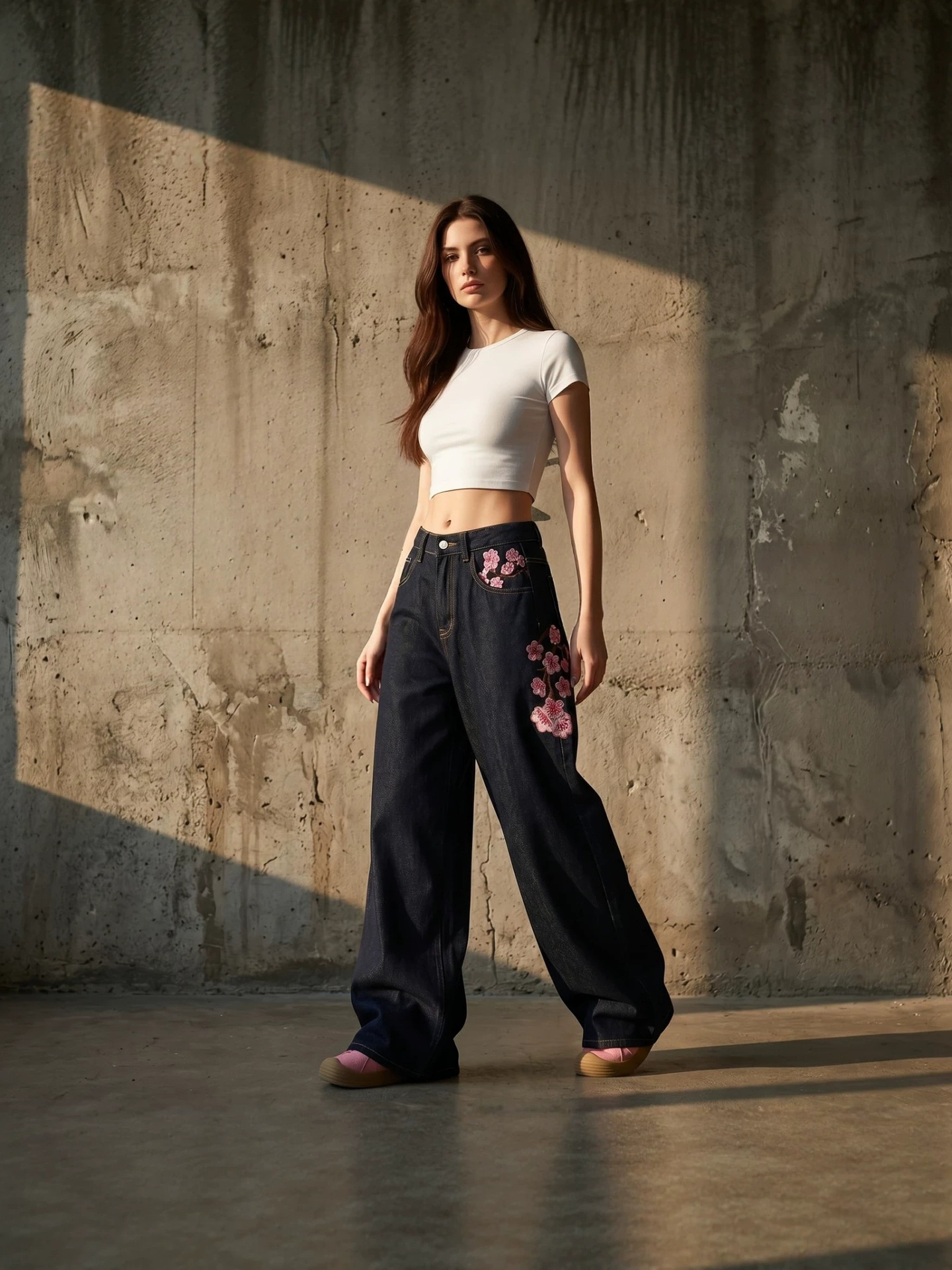 Cross-border street style, American retro, heavily embroidered with plum blossom patterns, loose-fitting jeans for women, high-street design, versat