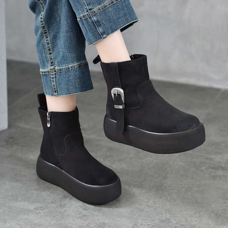 Velvet Women's Plus Matte Cowhide Warm Cotton Shoes Winter New Thick-soled Snow Boots Genuine Leather Belt Cotton Boots D260917