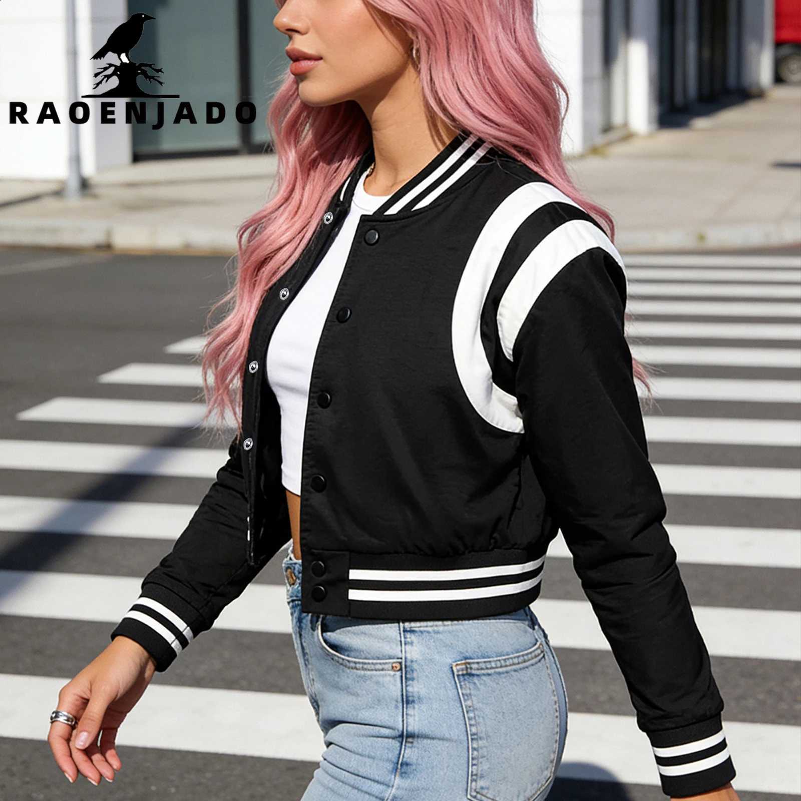 Baseball Jacket Casual Cropped Womens Coat Vintage Varsity Bomber Outerwear Sporty Streetwear with Striped Design for Daily Wear N260905