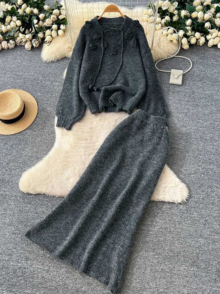 Knitted Floral Cashmere SINGREINY 3D Suits 2025 Loose Thick Sweater+Elastic Solid Long Skirts Ins Fashion Winter Two PIeces SetsW260915