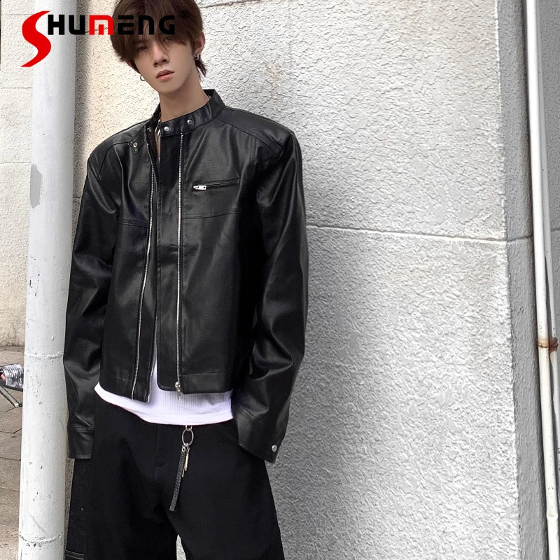 Men's 2025 Autumn Stand Collar Glossy PU Coats Padded Shoulder Short Leather Jackets High Street Stylish Trendy Leather Coat 260917