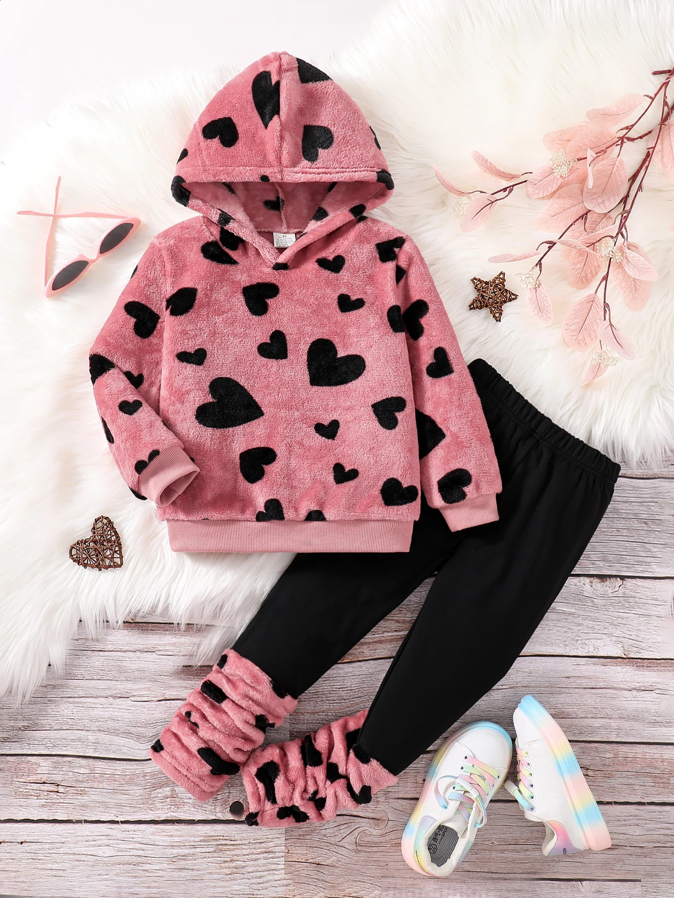Spring and winter girls fashion home casual 2-piece micro stretch warm comfortable love plush hooded top stretch tight pants260916