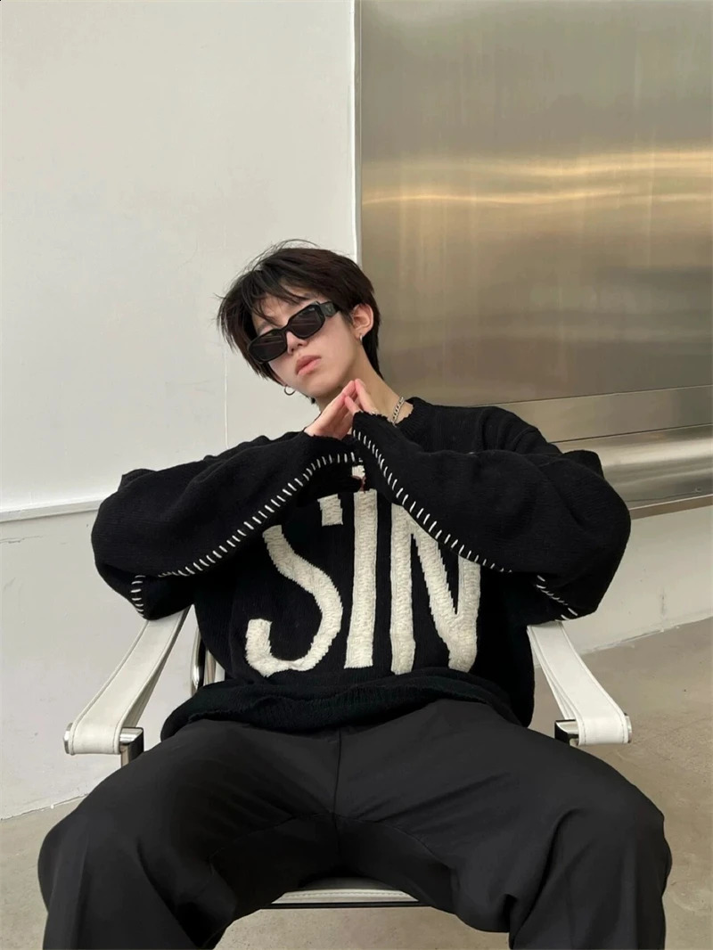 Autumn Winter Saint of Michael SIN Letter Hand Sewn Jacquard Distressed n Sweater Vintage Street Casual Oversize Men Top 260917