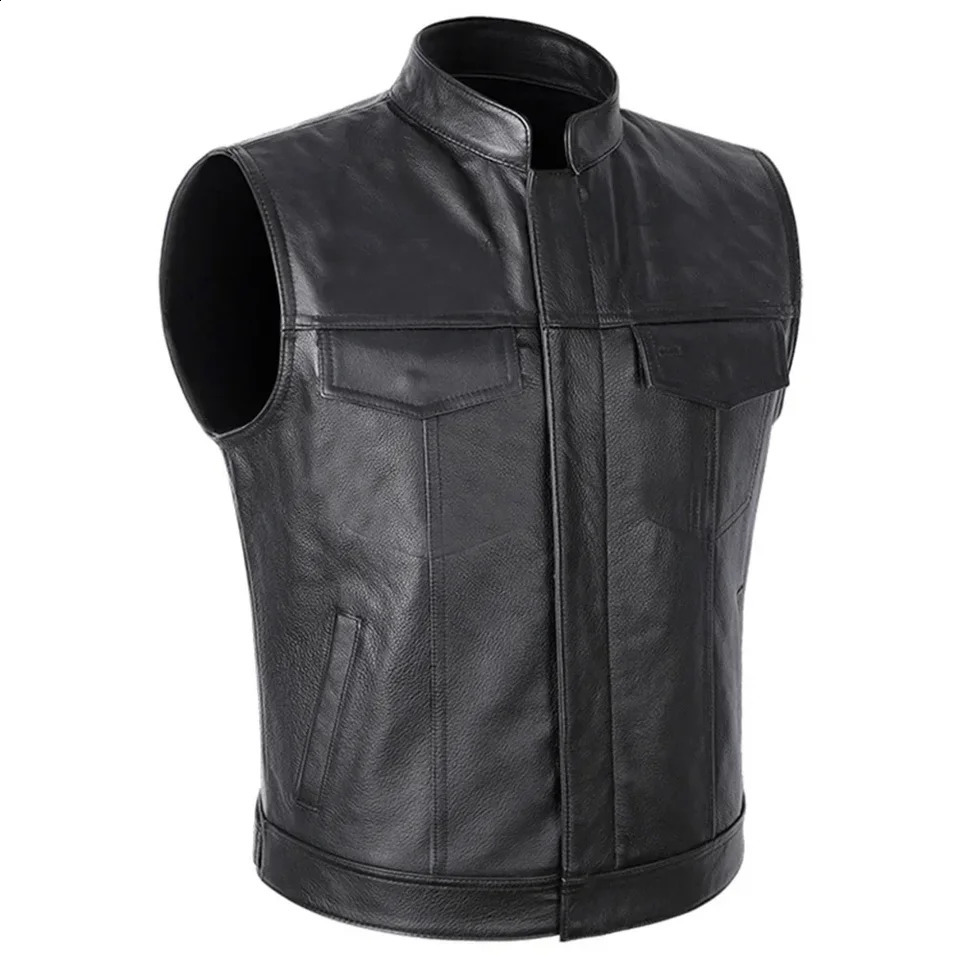 Stylish Men's Sleeveless Faux Leather Waistcoat with Stand Collar for Club Motorcycle Biker Cut Off Style 260917