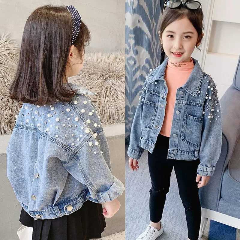 Spring 1-8 Years Autumn Girls Oversized Denim Jacket With Pearl Collar Sweet Casual Loose Fit Girls Coat Trendy OuterwearT260916