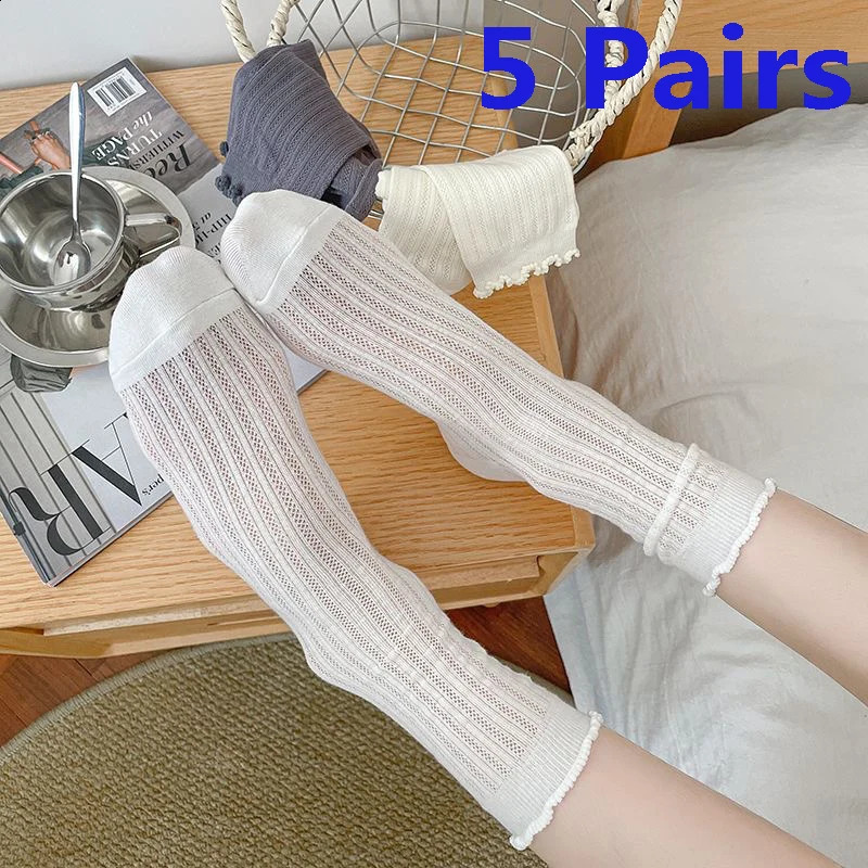 5 Pairs/Lot Women Hollow Mesh Tube Socks Ear Fungus Edge Socks Ins Trendy Spring Summer Loose Mouth Thin Style Girls Pile Socks 260917