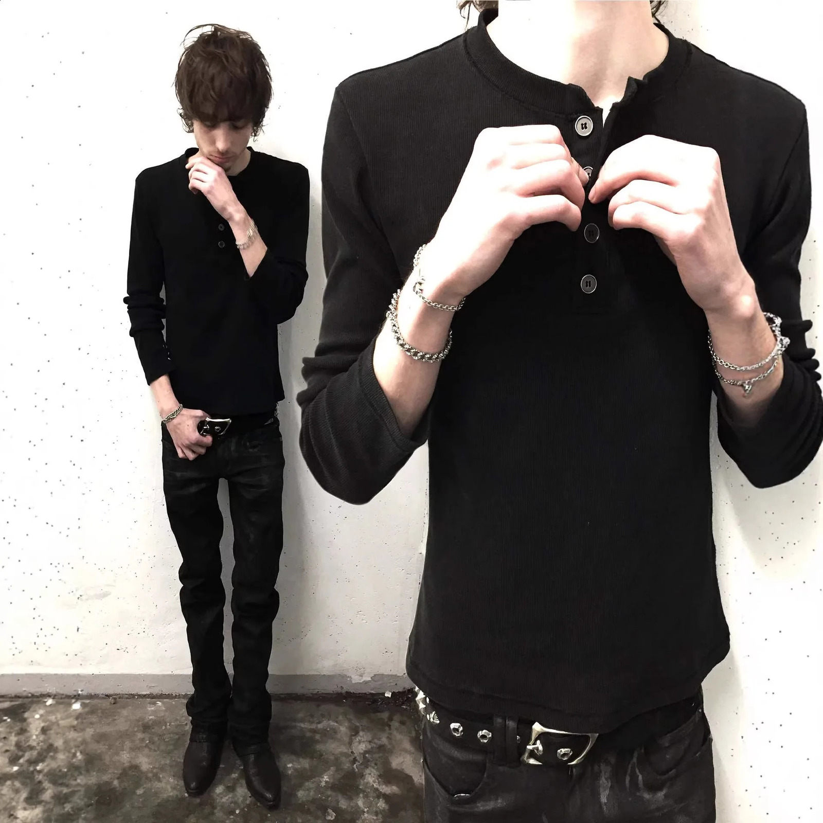 Japanese Vintage Black White Stripe Henley Long Sleeve T-shirt Unisex Washed Slim Fit Top 260916