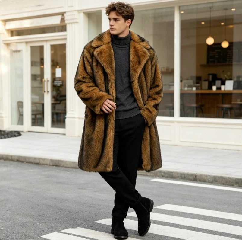 Faux Fur Coats Thick Men 2026 Autumn WinterOvercoats Jackets Long Sleeves Turn Down Collar Open Stitch Straight Maxi Casual W260915