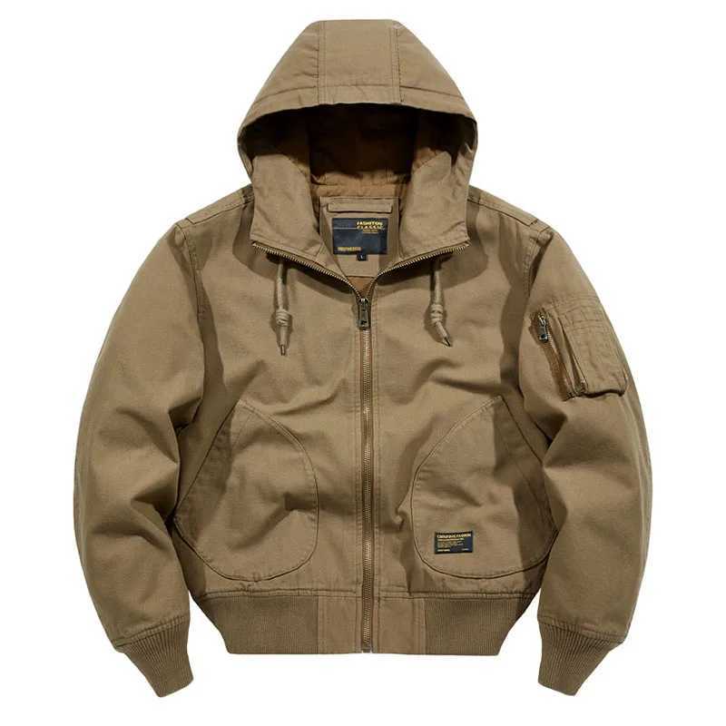 Mcikkny Men Autumn Cargo Jackets Hooded Multi Pockets Loose Flight Outwear Coats Plus Size M-4XL S260917Y4XL