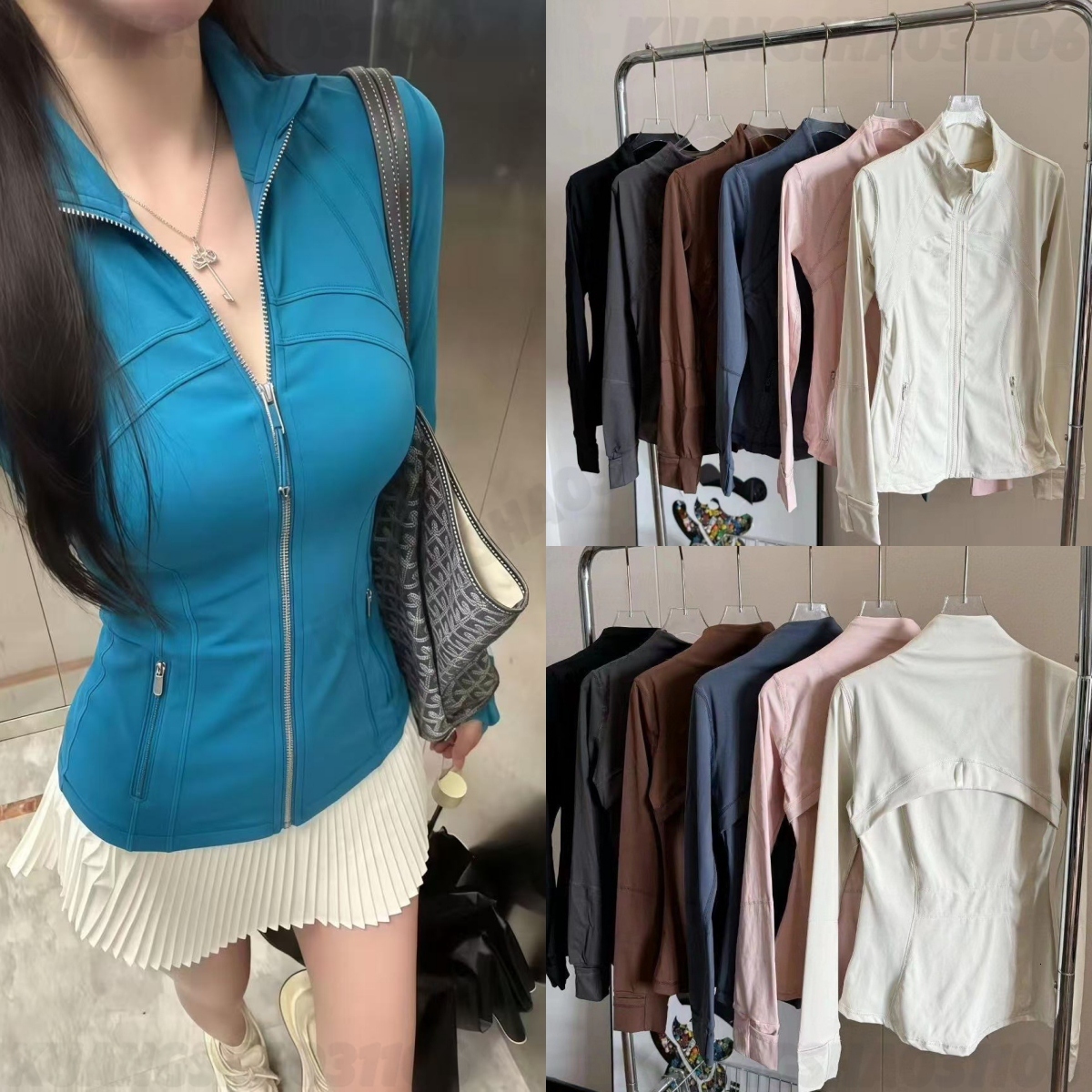 Women Yoga Jacket Cropped Zip Up Long Sleeve Gold Zipper Breathable Quick Dry Stretch Slim Fit Solid Color Nude Jogging Pilates Gym Sportswear Activ