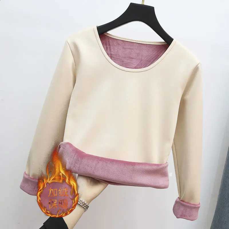 Winter Warm Round Neck T-Shirt Thick Fleece Thermal Underwear Long Sleeve Basic Solid Warm Autumn Bottomed Blouse H260916