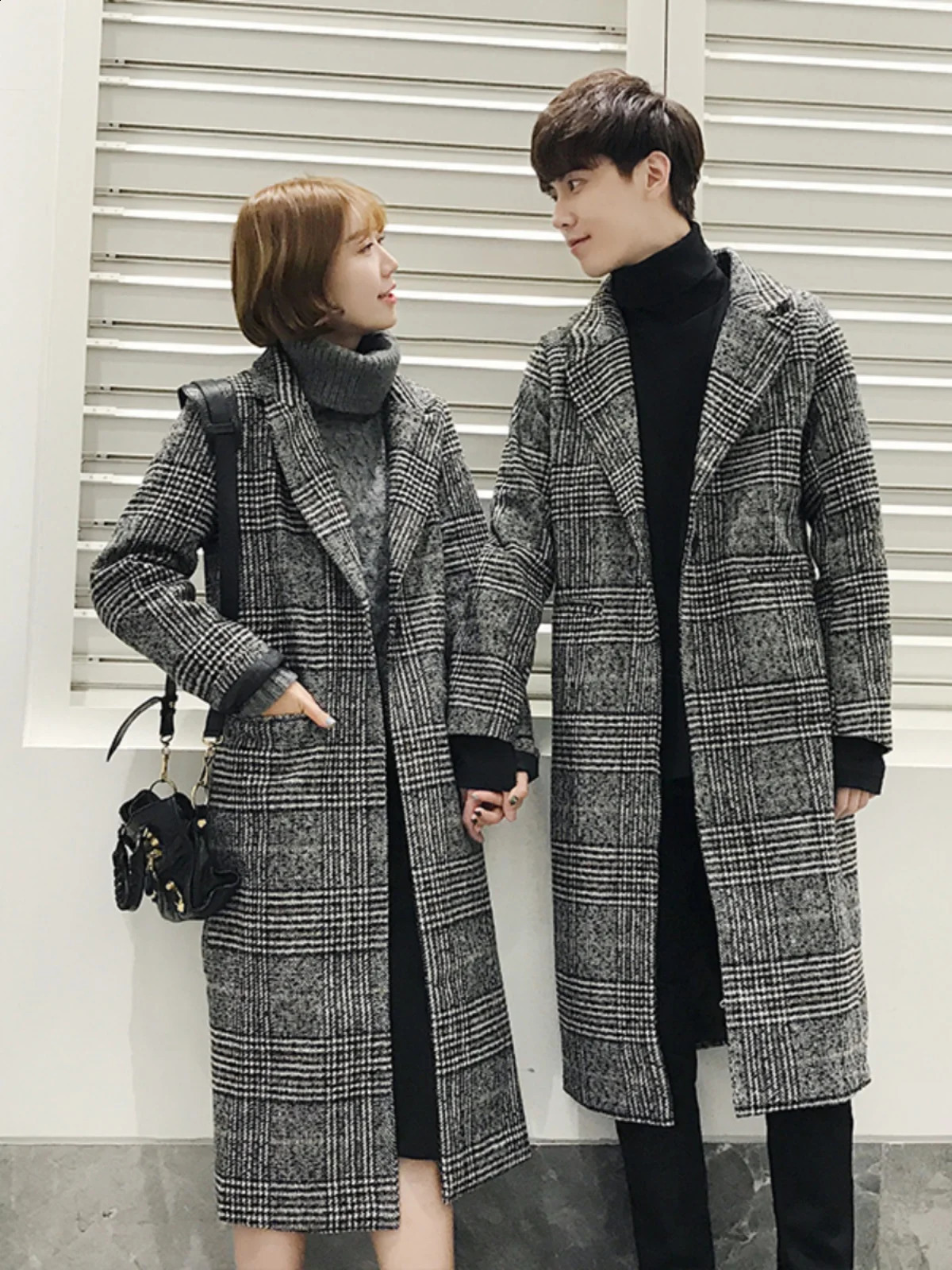 Thickened Woolen Coat Men's Autumn Winter Plaid Cotton Windbreaker Couple's Checkered Mid-Length Outerwear Standard Fit 260916