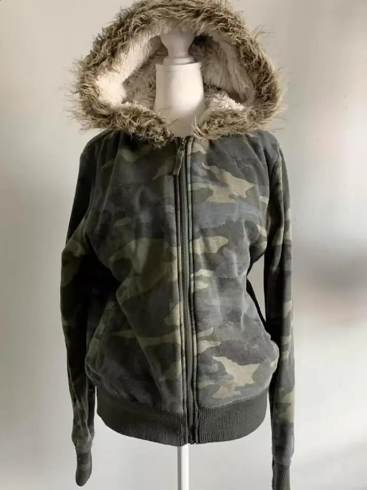 2000s Subculture Streetwear Jacket Chic Y2k American Vintage Zipper Hooded Sweatshirts Harajuku Print Casual Fur Collar Coats 260917